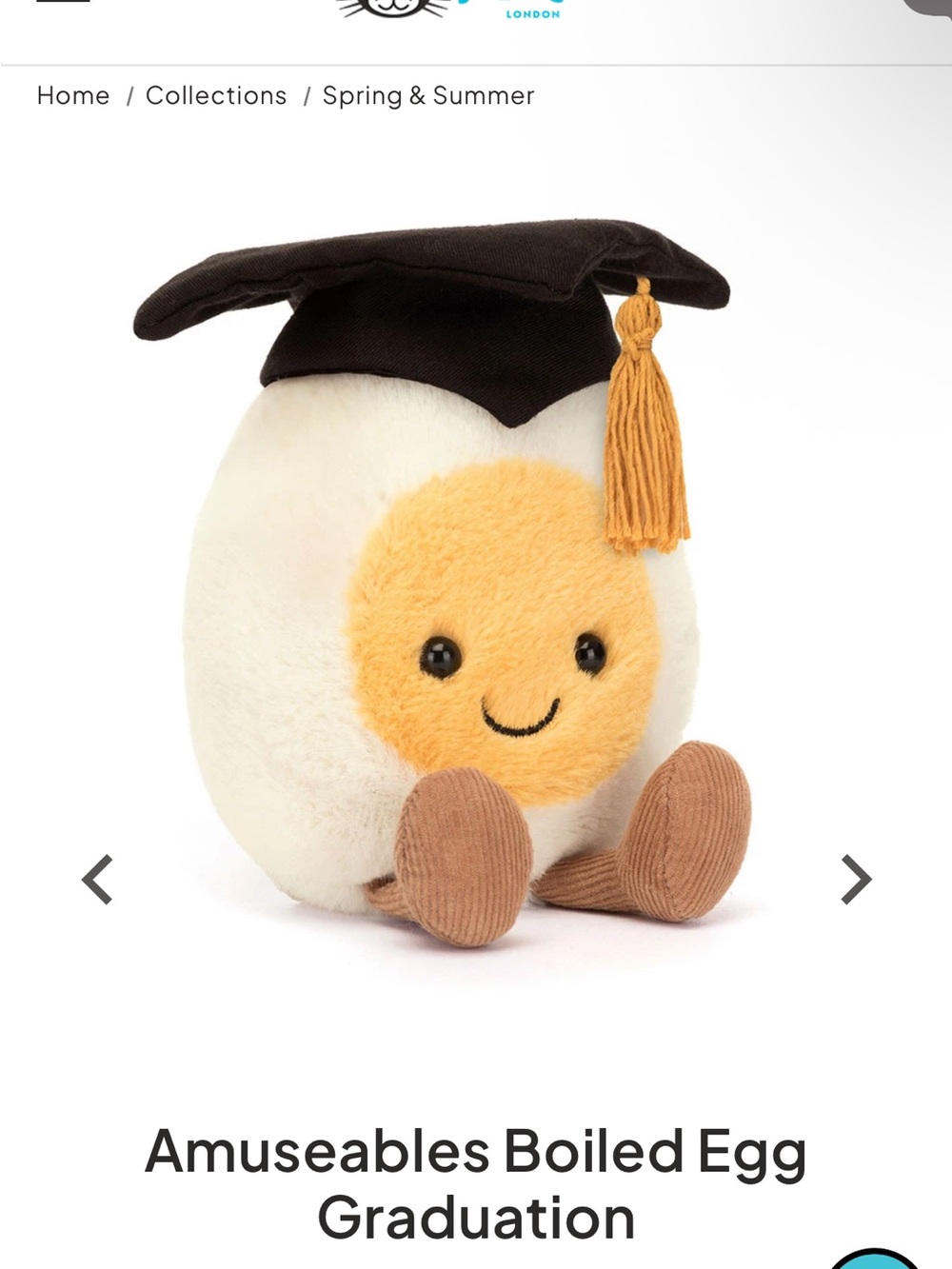 Amuseables Boiled Egg Graduation Plush Jellycat nwt auth  - White, Yellow, Brown